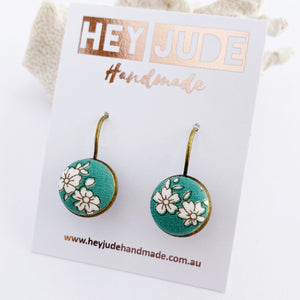 Bronze Bezel Drop Earrings-Subtle Green Vintage Floral-Hey Jude Handmade