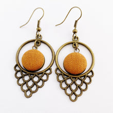 Load image into Gallery viewer, Bronze Earrings-Window Dangles-with Saffron coloured Linen button middle feature-Hey Jude Handmade