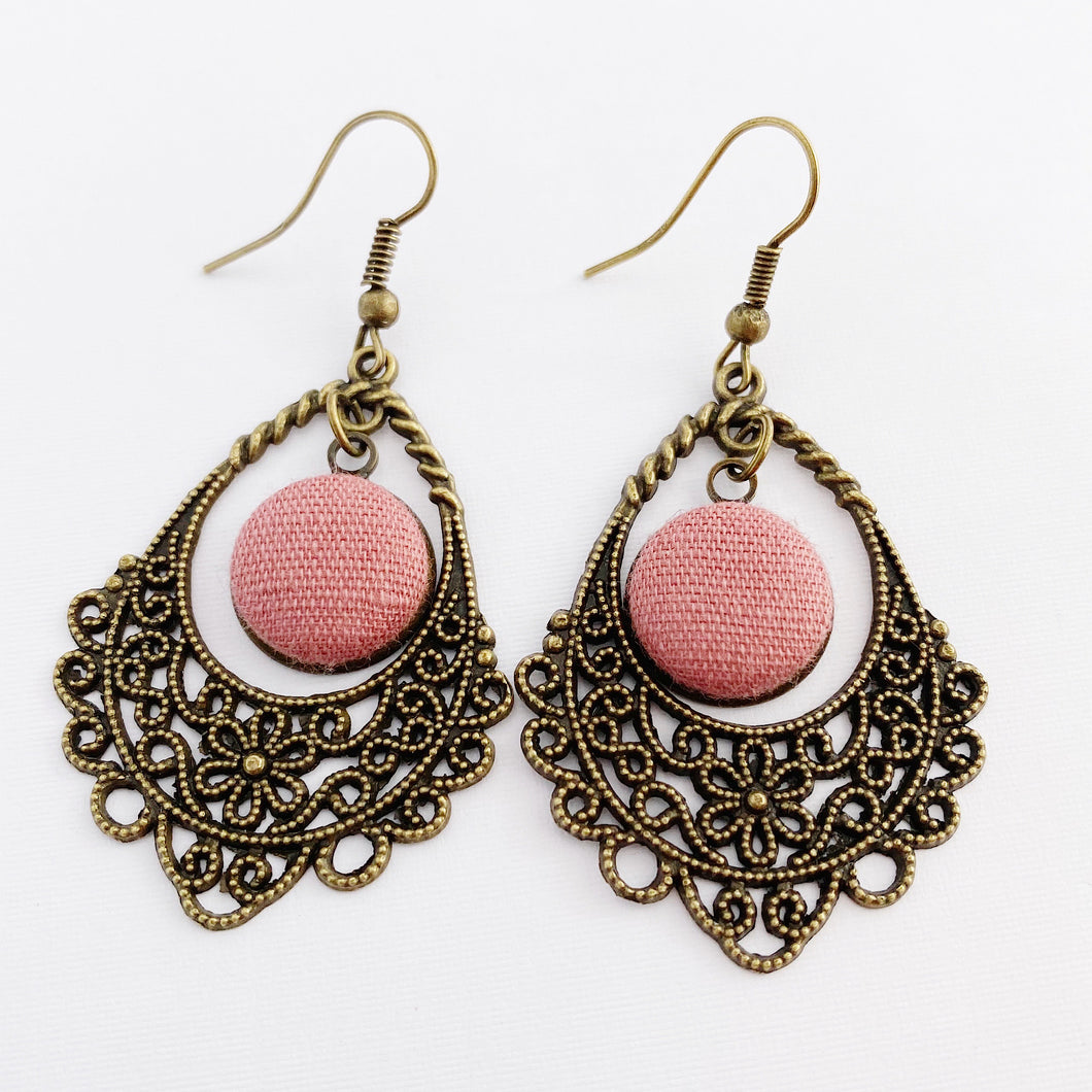 Bronze Earrings-Chandelier Dangle Earrings-with Dusky Rose coloured linen middle feature-Hey Jude Handmade