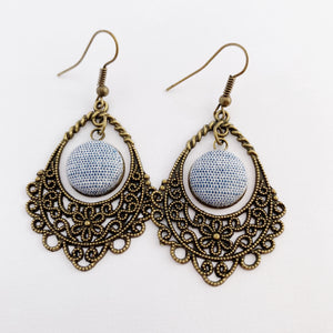 Bronze Dangles-Chandelier Earrings-with Light Blue Marble coloured linen middle feature-Hey Jude Handmade