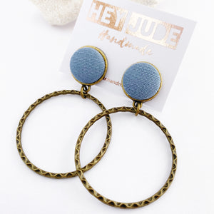 Bronze Hoop Earrings-Stud Dangle with fabric button feature-Duck Egg Blue Linen-Hey Jude Handmade