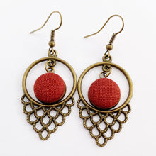 Load image into Gallery viewer, Bronze Window Dangle Earrings-with Burgundy Rust coloured linen button middle feature-Hey Jude Handmade