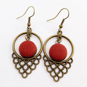 Bronze Window Dangle Earrings-with Burgundy Rust coloured linen button middle feature-Hey Jude Handmade