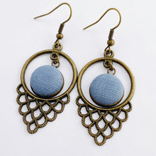 Load image into Gallery viewer, Bronze Window Shaped Filigree Dangle Earrings-with fabric button feature framed in window-Duck Egg Blue Linen-Hey Jude Handmade