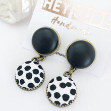 Load image into Gallery viewer, Bronze Earrings-Small Double Drops-Black Leatherette and White Black spots-tree of life reverse-Hey Jude Handmade