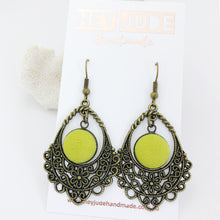Load image into Gallery viewer, Bronze Filigree Chandelier Earrings-Pop of Chartreuse colour linen-Hey Jude Handmade