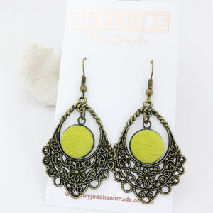 Bronze Filigree Chandelier Earrings-Pop of Chartreuse colour linen-Hey Jude Handmade