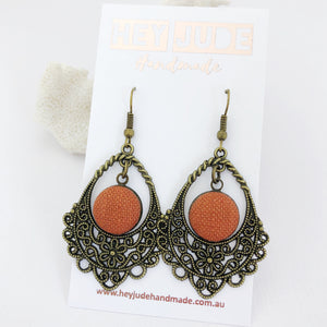 Bronze Filigree Chandelier Earrings-Pop of Rust linen-Hey Jude Handmade