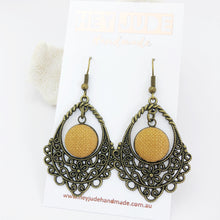 Load image into Gallery viewer, Bronze Filigree Chandelier Dangle Earrings-Tikka Linen colour-Hey Jude Handmade