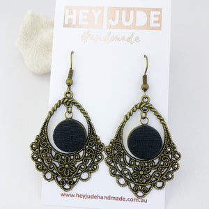 Bronze Filigree Chandelier Dangle Earrings-with Ash Black linen-Hey Jude Handmade