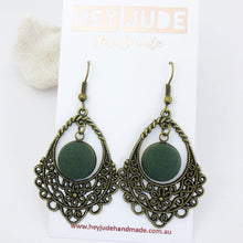 Load image into Gallery viewer, Bronze Filigree Chandelier Dangle Earrings-with Forrest Green-Hey Jude Handmade