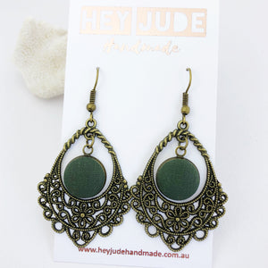 Bronze Filigree Chandelier Dangle Earrings-with Forrest Green-Hey Jude Handmade