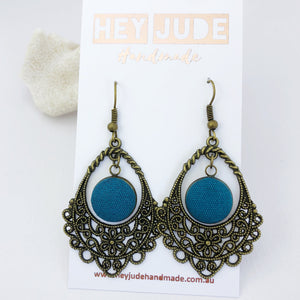 Bronze Filigree Chandelier Dangle Earrings-with Teal linen-Hey Jude Handmade