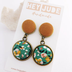 Bronze Statement Earrings-Antique Bronze and Fabric-Double Drops-Saffron Linen and Green Summer Floral-Hey Jude Handmade