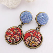 Load image into Gallery viewer, Statement Earrings-Bronze-Double Drops-Light Blue and Red Rust Filigree Pattern-Fabric Features-Hey Jude Handmade