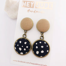 Load image into Gallery viewer, Antique Bronze Statement Earrings-DoubleDrops-Sand Linen+Black, White Spots-Hey Jude Handmade