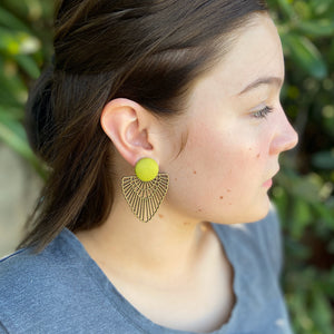 Chartreuse linen-Large Stud-Bronze Boho Fan Dangle Earrings-on model-Hey Jude Handmade