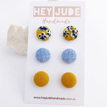 Load image into Gallery viewer, Fabric Stud Earring-Multipack 3 pack-Mustard Floral,Light Blue,Mustard Yellow Linen-Hey Jude Handmade