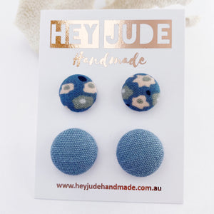 2 pack-Fabric Button Stud Earrings-Light Blue Floral + Duck Egg Blue Linen-Hey Jude Handmade