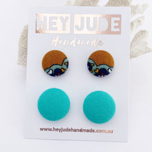 Load image into Gallery viewer, Stud Earrings-2 pack of fabric covered button studs-Mustard mint trim + Seafoam Green-Hey Jude Handmade