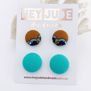 Stud Earrings-2 pack of fabric covered button studs-Mustard mint trim + Seafoam Green-Hey Jude Handmade