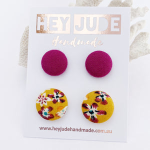 Fabric Stud Earrings-2 pack of small and medium fabric covered buttons-Plum + Mustard plum floral-Hey Jude Handmade