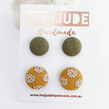 Load image into Gallery viewer, Fabric Stud Earrings-Multipack-2 pack-Small + Medium-Sage Linen + Mustard Pattern-Hey Jude Handmade