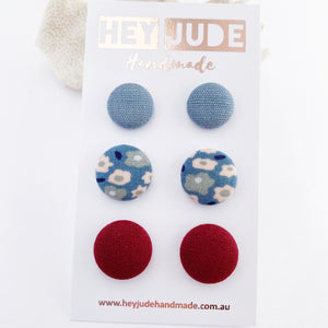 3 pack Stud Earrings-fabric covered buttons-Duck Egg Blue Linen,Light Blue Floral, Maroon-Hey Jude Handmade