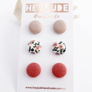 Small Fabric Button Stud Earrings-Multipack, 3 pack-Ice Pink, White Pink Floral-Dusky Rose Linen-Hey Jude Handmade