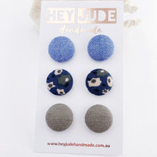Load image into Gallery viewer, Fabric Stud Earrings-Medium-3 pack-Light Blue,Deep Teal Blue Floral, Grey Sage Linen-Hey Jude Handmade