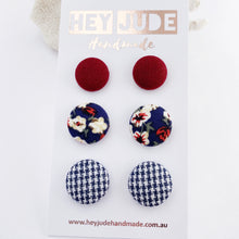 Load image into Gallery viewer, 3 pack Stud Earrings-Fabric covered button earrings-Maroon, Navy Floral, Navy Houndstooth-Hey Jude Handmade