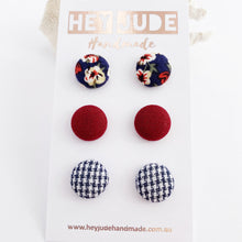 Load image into Gallery viewer, Small Fabric Button Stud Earrings-3 pack-Navy Floral, Maroon, Navy Houndstooth-Hey Jude Handmade