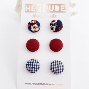 Small Fabric Button Stud Earrings-3 pack-Navy Floral, Maroon, Navy Houndstooth-Hey Jude Handmade