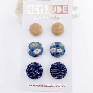 Multipack Fabric Stud Earrings-Asst small to medium-3 pack-Nude, Light Blue Floral, Dark Denim-Hey Jude Handmade