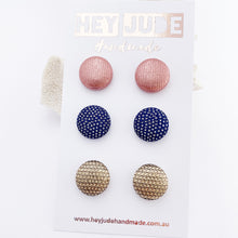 Load image into Gallery viewer, Fabric Stud Earrings-3 pack-Rose Gold Metallic, Royal Blue with silver sparkles, Textured Gold-Hey Jude Handmade