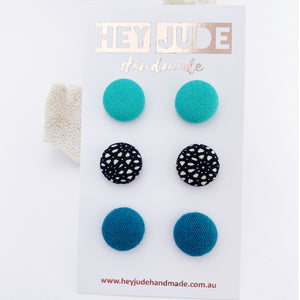 Fabric Button Stud Earrings-small-Seafoam Green,Black White Pattern,Teal Linen-Hey Jude Handmade