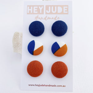 Fabric Stud Earrings-3 pack Multipack-Medium sized Navy Linen,Autumn,Rust Linen-Hey Jude Handmade