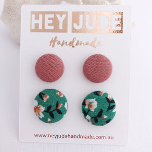Stud Earrings-2 pack-Fabric Covered Buttons-Dusky Rose Linen and Green Summer Florals-Hey Jude Handmade