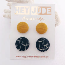 Load image into Gallery viewer, Stud Earring 2 pack- Fabric Covered Button Studs-Mustard Yellow linen and Navy Dandelion Print-Hey Jude Handmade