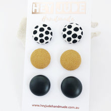 Load image into Gallery viewer, Fabric Stud Earrings-Multipack-3 pack-White black dots,Tikka Linen,Black Leatherette-Hey Jude Handmade