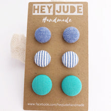 Load image into Gallery viewer, Stud Earrings-Fabric Buttons-3 pack-Light Blue, Light Denim Blue Stripes, Sea Foam Green-Hey Jude Handmade