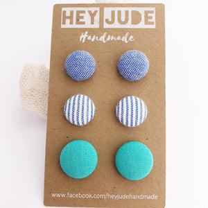 Stud Earrings-Fabric Buttons-3 pack-Light Blue, Light Denim Blue Stripes, Sea Foam Green-Hey Jude Handmade