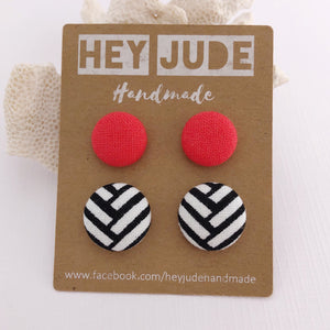 Fabric Stud Earrings-2 pack-Neon Coral + Black White Geometric-Hey Jude Handmade