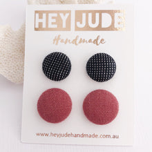 Load image into Gallery viewer, 2 pack-Fabric Covered Stud Earrings-Black Sparkle and Raspberry Pink Linen-Hey Jude Handmade