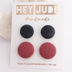 2 pack-Fabric Covered Stud Earrings-Black Sparkle and Raspberry Pink Linen-Hey Jude Handmade