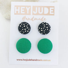 Load image into Gallery viewer, Fabric Stud Earrings-2 pack-Black White Pattern and Vivid Green-Hypoallergenic-Hey Jude Handmade