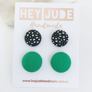 Fabric Stud Earrings-2 pack-Black White Pattern and Vivid Green-Hypoallergenic-Hey Jude Handmade