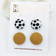 Load image into Gallery viewer, Fabric Button Stud Earrings-2 pack-White with black dots and Tikka linen-Hey Jude Handmade