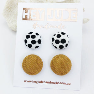 Fabric Button Stud Earrings-2 pack-White with black dots and Tikka linen-Hey Jude Handmade
