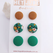 Load image into Gallery viewer, Stud Earrings-Multipack-3 pack-Fabric Buttons-Saffron Linen, Green Summer Floral and Green-Hey Jude Handmade